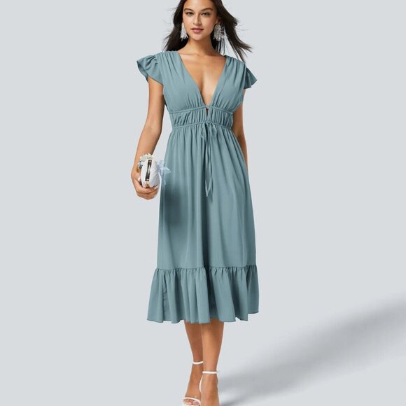 Halara Size XL Stone Blue Breezeful Deep V Neck Butterfly Sleeve Midi Dress NEW - Picture 2 of 11